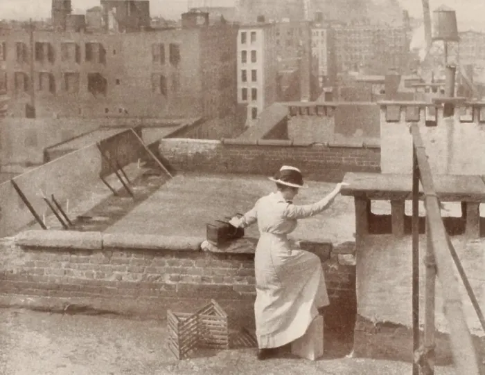 Framed Print : A Public Health visiting nurse takes a short cut over a tenement roof, c. 1900. Henry Street Settlement House was her headquarters (BSLOC_2018_1_152)