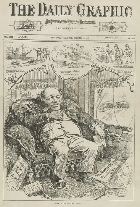 Framed Print : THE PUBLIC BE ---! Political cartoon of William Vanderbilt relaxing in a luxurious railroad car as trains collide outside his window Framed Print : THE PUBLIC BE ---! Political cartoon of William Vanderbilt relaxing in a luxurious railroad car as trains collide outside his window