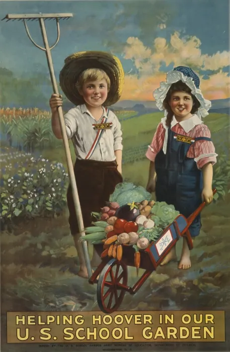 Framed Print : Public service poster showing two bare-foot children with a wheelbarrow full of vegetables, Helping Hoover in our U.S