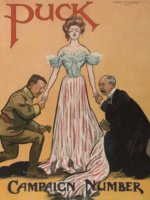 Framed Print : PUCK Magazine cover about the 1904 US Presidential election. It shows Columbia standing between kneeling President Theodore Roosevelt and Democratic challenger, Alton B