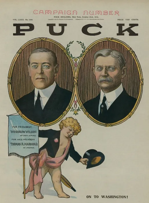 Framed Print : PUCK Magazine cover of Oct. 23, 1912, cheering the Democratic nominees ON TO WASHINGTON