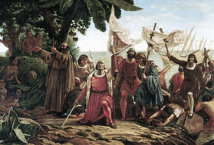 Framed Print : PUEBLA, Discoro Tefilo de la (1832-1901). The First Landing of Columbus on the Shores of the New World at San Salvador. 2nd half 19th c. Litography. UNITED STATES OF AMERICA