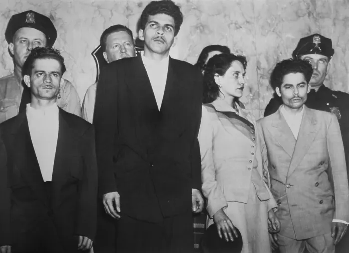 Framed Print : Puerto Rican Terrorists held by police, March 1, 1954. Four suspects held are (L-R): Andres Figueroa Cordero, Lolita LeBron, Rafael Cancel Mianda, and Irving Flores Framed Print : Puerto Rican Terrorists held by police, March 1, 1954. Four suspects held are (L-R): Andres Figueroa Cordero, Lolita LeBron, Rafael Cancel Mianda, and Irving Flores