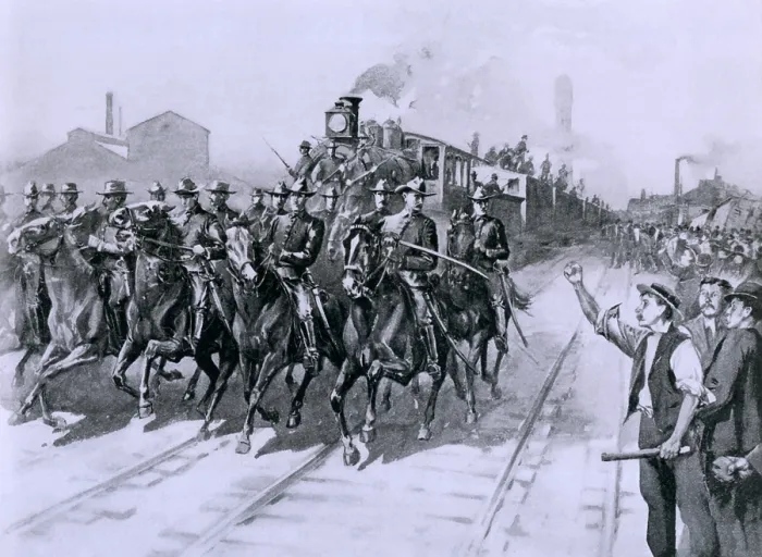Framed Print : During the Pullman Strike of 1894, the first meat Train leaving Chicago Stock Yards was escorted by United States Cavalry, July 10, 1894 Framed Print : During the Pullman Strike of 1894, the first meat Train leaving Chicago Stock Yards was escorted by United States Cavalry, July 10, 1894