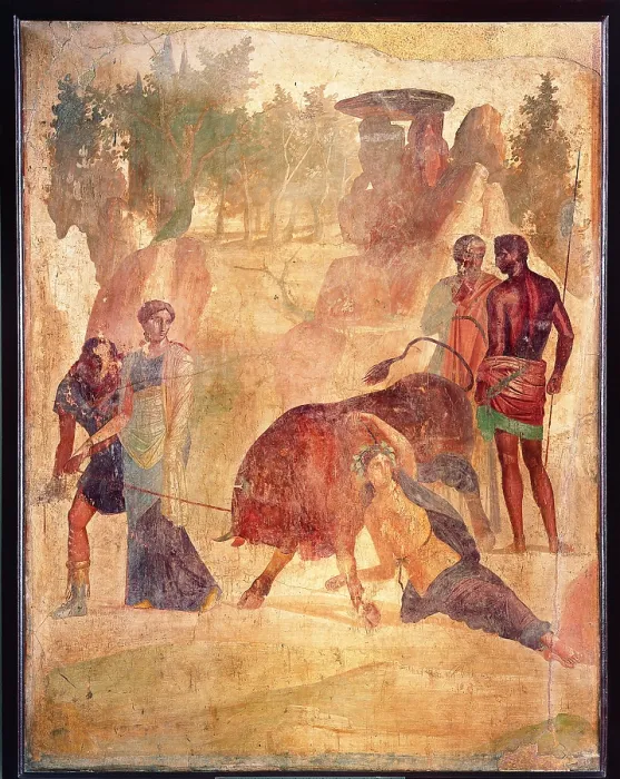 Framed Print : Punishment of Dirce, by unknown artist, c 40, 1st Century A.D. ripped fresco, 140 x 110 cm - Italy, Campania, Naples, National Archaeological Museum, Room LXXI, inv. 9042