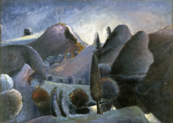 Framed Print : Purple Landscape (Paesaggio viola), by Carlo Cuppini, 1938, 20th Century, oil on canvas - Private collection. Whole artwork view. Hilly landscape with purple tones