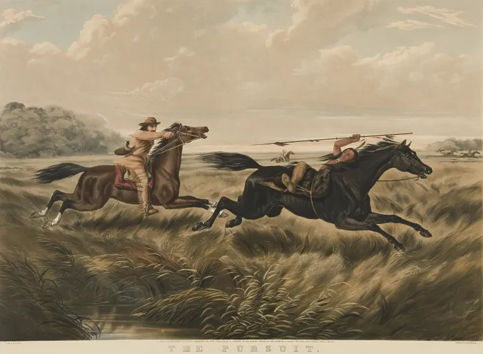 Framed Print : THE PURSUIT, 1856, Nathaniel Currier lithograph after painting by Arthur Fitzwilliam Tait. Mounted Euro-Americans chase Indians through the tall grass of the Great Plains