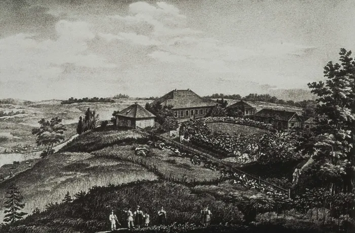 Framed Print : PUSHKIN, Aleksandr Sergeyevich (1799-1837). Pushkin family's estate in Mikhailovskoe, near Pskov, after a drawing by I.S.Ivanov engraved by P.A. Alexandrov (1837). Litography