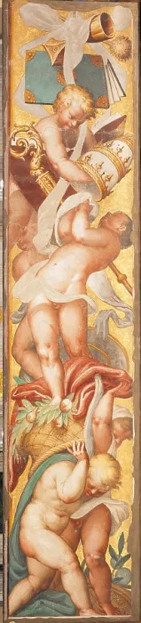 Framed Print : Putti holding priestly emblems, by Bernardino Campi, 16th Century, fresco, cm 259 x 56 - Italy, Lombardy, Milan, Brera Art Gallery Framed Print : Putti holding priestly emblems, by Bernardino Campi, 16th Century, fresco, cm 259 x 56 - Italy, Lombardy, Milan, Brera Art Gallery