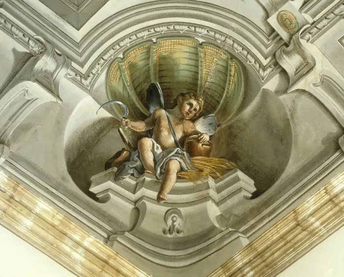 Framed Print : Putto with ears of wheat and sickle (Putto con spighe di grano e falce), by Giacomo Zampa, 18th Century, fresco - Italy, Emilia Romagna, Forl, Lombardini Monsignani Palace