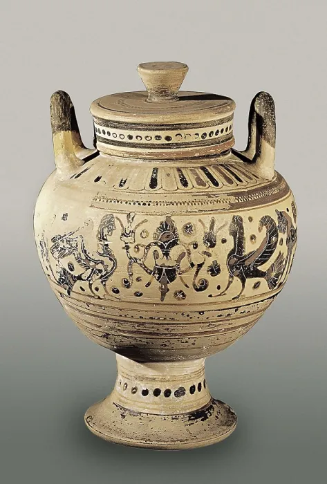 Framed Print : Pyxis. 7th - 6th c. BC. Corinthian style. Black-figured attic ceramic with sphinx decoration. Archaic Greek art. Ceramics. SPAIN. Barcelona. Archaeology Museum of Catalonia