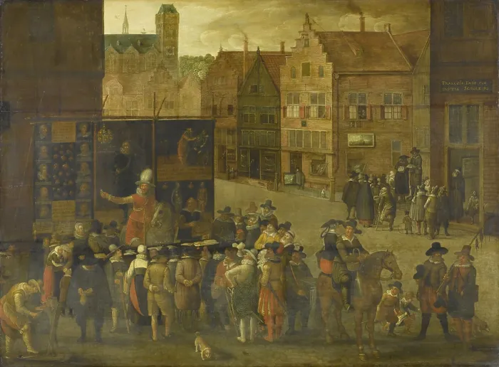 Framed Print : The Quack, by Anonymous, c. 1619-25, Dutch painting, oil on panel. In a town square a quack, mounted on a horse before advertising screens, hawks his medicines