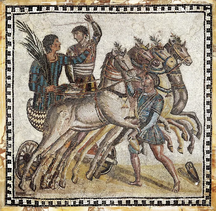 Framed Print : Quadriga race. 3rd c. Roman art. Early Empire. Mosaic. SPAIN. Madrid. National Museum of Archaeology. Proc: ITALY. Rome. AISA / Everett Collection**US SALES ONLY**