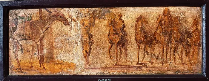 Framed Print : Quadriga, by unknown artist, 62-79, 1st Century A.D. ripped fresco, 30 x 72 cm - Italy, Campania, Naples, National Archaeological Museum, Room LXXVIII, inv. 9062