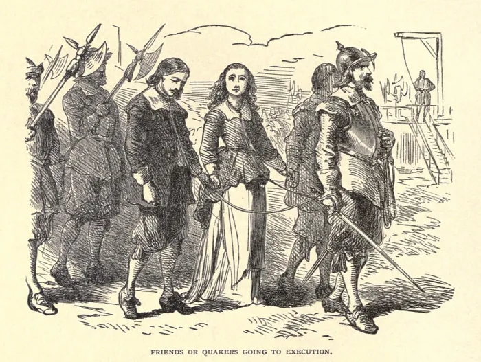 Framed Print : Quakers lead to their execution. Mary Dyer with either William Robinson, or Marmaduke Stephenson, as they are taken to be hung as heretics in Massachusetts on October 27, 1659 Framed Print : Quakers lead to their execution. Mary Dyer with either William Robinson, or Marmaduke Stephenson, as they are taken to be hung as heretics in Massachusetts on October 27, 1659