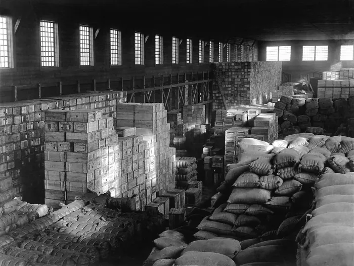 Framed Print : Quartermaster supplies in warehouse at Vladivostok, containing American war material