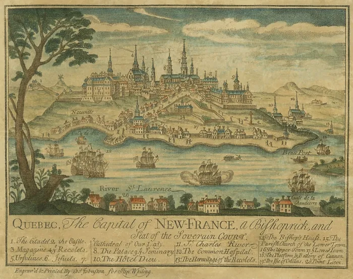 Framed Print : Quebec, the Capital of New-France, a Bishopric, and Seat of the Sovereign Court, 1759. Engraved and printed by Thomas Johnston and published by Stephen Whiting in Boston Framed Print : Quebec, the Capital of New-France, a Bishopric, and Seat of the Sovereign Court, 1759. Engraved and printed by Thomas Johnston and published by Stephen Whiting in Boston