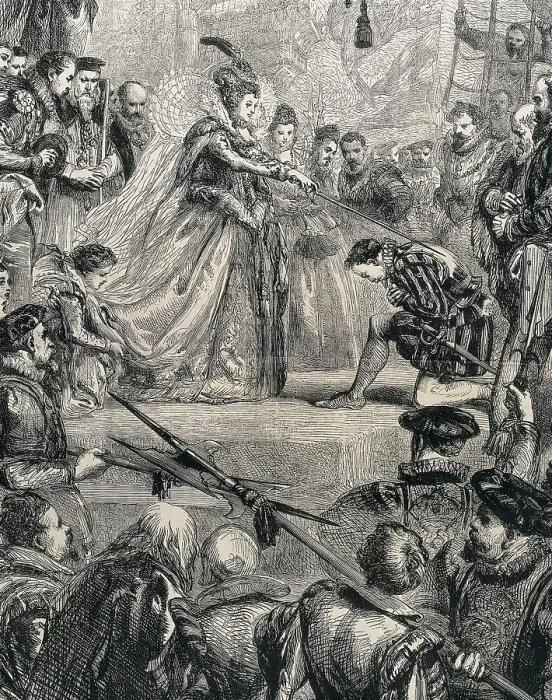 Framed Print : Queen Elizabeth I of England appointing Francis Drake as knight. Illustration by W. Thomas published in 'L'Univers Illustr'. Etching