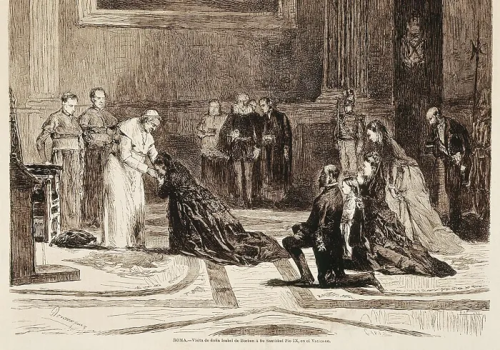 Framed Print : Queen Isabel II of Spain visits Pius IX in the Vatican. Etching. SPAIN. Madrid. National Library. AISA / Everett Collection**US SALES ONLY**