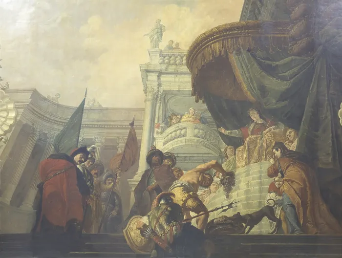 Framed Print : Queen Tomyris with Cyrus Head, by Francesco Fontebasso, 18th Century, canvas - United States, Newport, The Elms. Whole artwork view