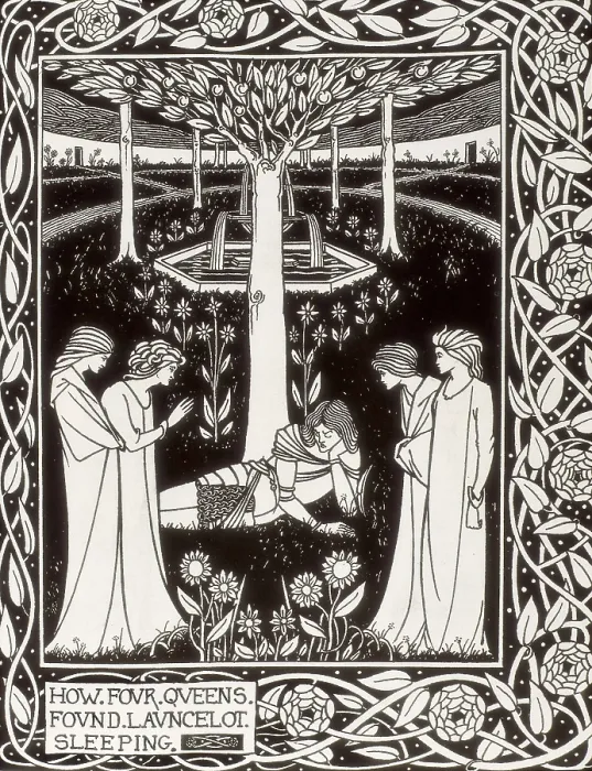 Framed Print : The four Queens find Lancelot. Engraving from 'The Death of Arthur' by Sir Thomas Malory, edition illustrated by Aubrey Beardsley (1892-1894). Modernism. Engraving