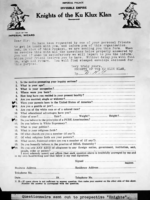 Framed Print : Questionnaire sent out to prospective members of the Ku Klux Klan. 1921. (CSU_ALPHA_1187) CSU Archives / Everett Collection