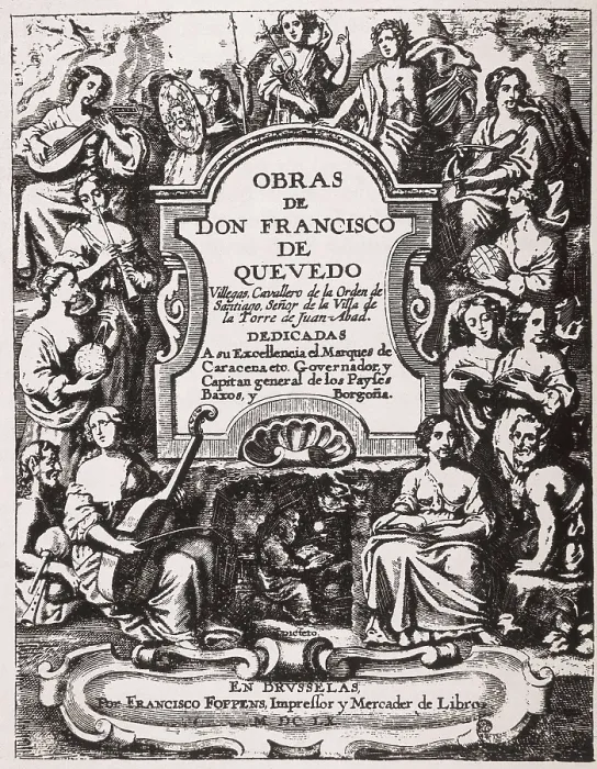 Framed Print : QUEVEDO y VILLEGAS, Francisco de (1580-1645). 'Obras de don Francisco de Quevedo' (Works by don Francisco de Quevedo). Edition made in Brussels in 1660. Etching. SPAIN
