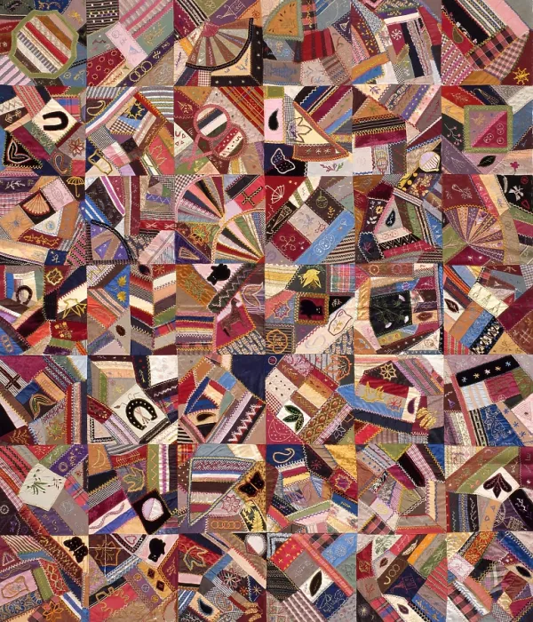 Framed Print : QUILT TOP CRAZY PATTERN, 1885, American crafts, textiles. Each block of this quilt top is designed with unusual patterns, and the blocks appear to be composed of real scraps