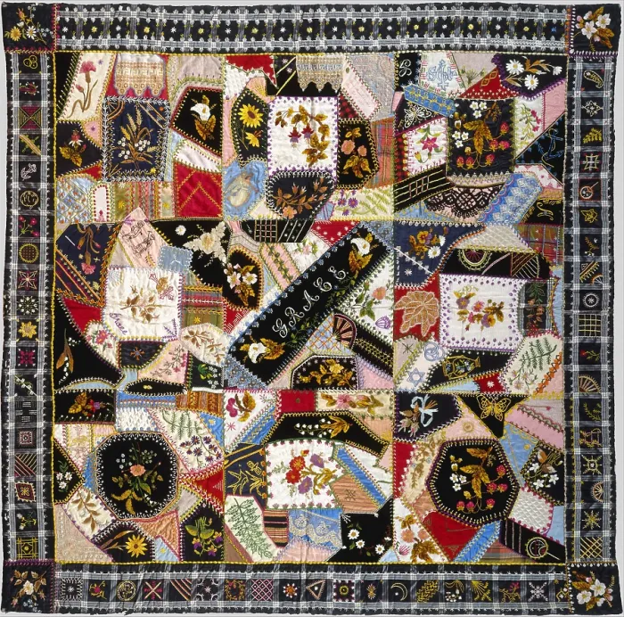 Framed Print : QUILT CRAZY PATTERN, by Tamar Horton Harris North, 1877, American crafts, textiles. The crazy patches and border are embroidered with both cotton thread and chenille