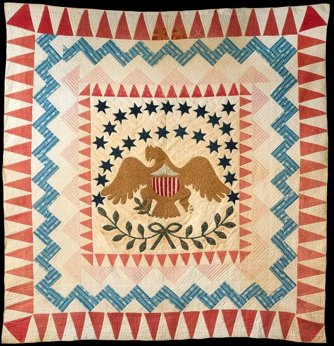 Framed Print : QUILT, EAGLE PATTERN, 1837-50, New England, American crafts, cotton textile. The quilt is dated by its printed cottons that date from the 1830s and 1840s