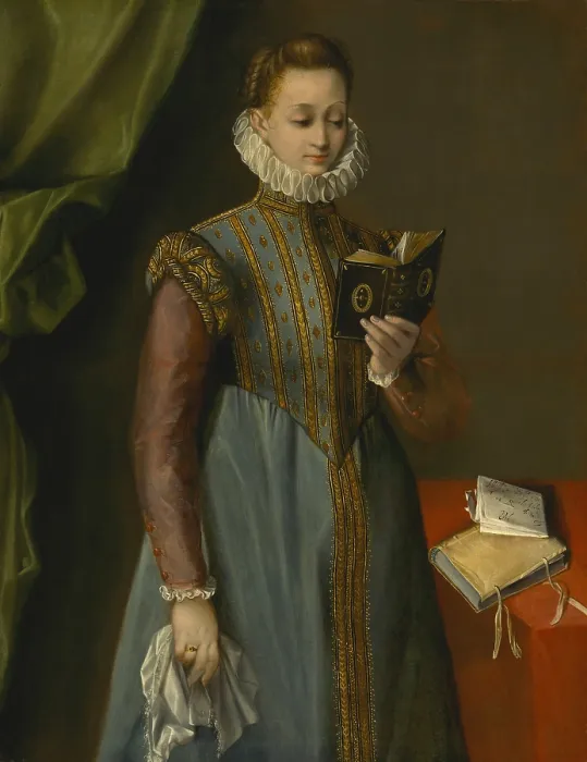 Framed Print : Quintilia Fischieri, by Federico Barocci, c. 1600, Italian Renaissance painting, oil on canvas. Mannerist portrait of a standing young women reading