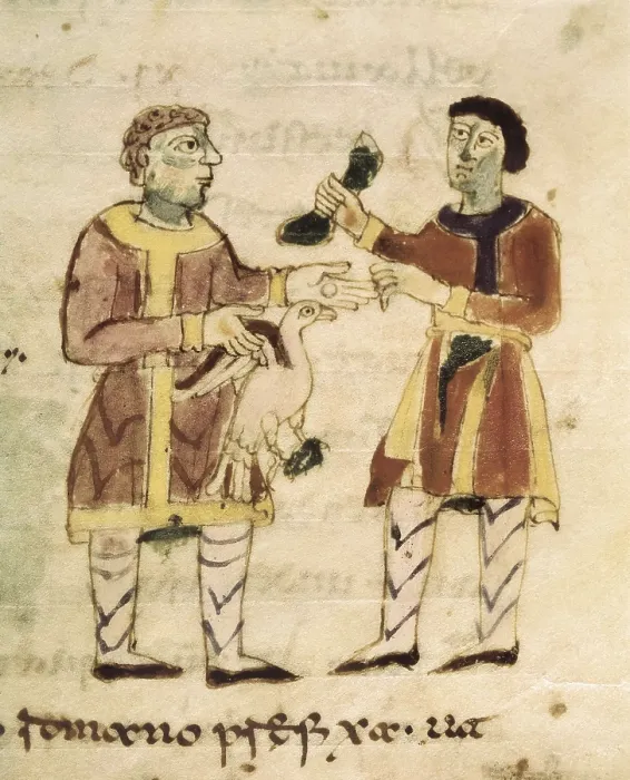 Framed Print : RABANUS, Maurus (c. 780 - 856). De Universo (9th c.). The Goose Seller. Romanesque edition of the original Carolingian manuscript. Romanesque art. Miniature Painting. ITALY