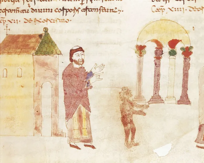 Framed Print : RABANUS, Maurus (c. 780 - 856). De Universo (9th c.). Exorcism. Romanesque edition of the original Carolingian manuscript. Romanesque art. Miniature Painting. ITALY. Cassino Framed Print : RABANUS, Maurus (c. 780 - 856). De Universo (9th c.). Exorcism. Romanesque edition of the original Carolingian manuscript. Romanesque art. Miniature Painting. ITALY. Cassino