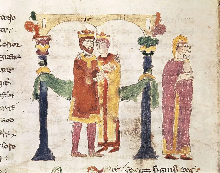 Framed Print : RABANUS, Maurus (c. 780 - 856). De Universo (s. IX). The Couple. Romanesque edition of the original Carolingian manuscript. Romanesque art. Miniature Painting. ITALY. Cassino Framed Print : RABANUS, Maurus (c. 780 - 856). De Universo (s. IX). The Couple. Romanesque edition of the original Carolingian manuscript. Romanesque art. Miniature Painting. ITALY. Cassino