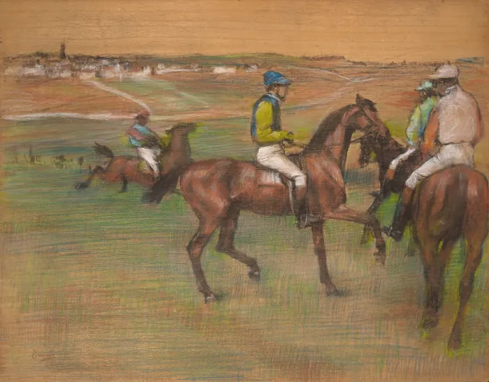Framed Print : Race Horses, by Edgar Degas, 1885-88, French impressionist drawing, pastel on wood