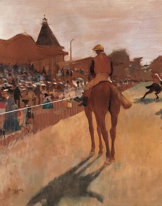 Framed Print : Racehorses in Front of the Tribunes, by Edgar Degas, 1866 - 1868 about, 19th Century, oil on canvas, cm 46 x 61 - France, Ile de France, Paris, Muse dOrsay. Detail
