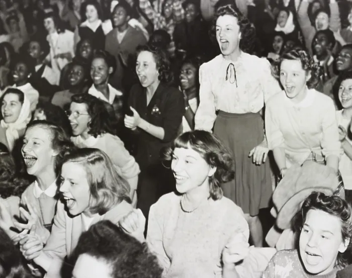 Framed Print : Racially integrated audience listens as singer Frank Sinatra speaks against racial prejudice in Gary, Indiana, Nov. 1, 1945