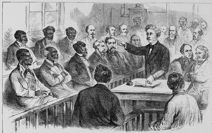 Framed Print : A racially integrated jury in the U.S. South in 1867