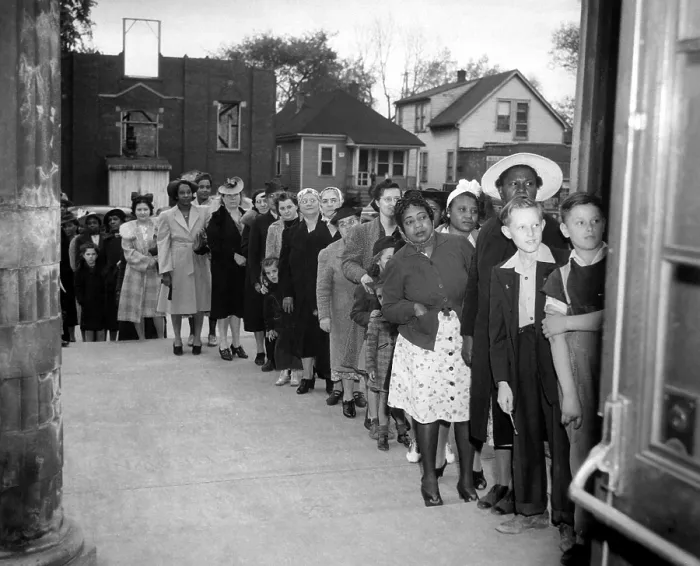 Framed Print : Racially integrated waiting line in a Northern American city during World War 2. They are waiting to purchase rationed sugar, ca. 1942-45. (BSLOC_2013_14_158) Framed Print : Racially integrated waiting line in a Northern American city during World War 2. They are waiting to purchase rationed sugar, ca. 1942-45. (BSLOC_2013_14_158)