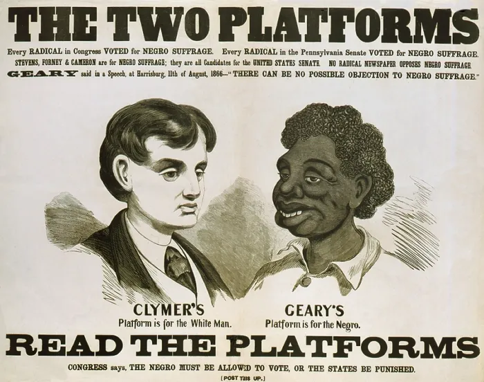 Framed Print : Racist campaign poster of Democratic Party candidate, Hiester Clymer, in the 1866 Pennsylvania gubernatorial race Framed Print : Racist campaign poster of Democratic Party candidate, Hiester Clymer, in the 1866 Pennsylvania gubernatorial race