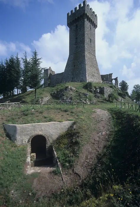 Framed Print : Radicofani fortress, 10th Century - Italy, Tuscany, Radicofani. Whole artwork view. The crenellated tower rebuilt in 1929 Framed Print : Radicofani fortress, 10th Century - Italy, Tuscany, Radicofani. Whole artwork view. The crenellated tower rebuilt in 1929