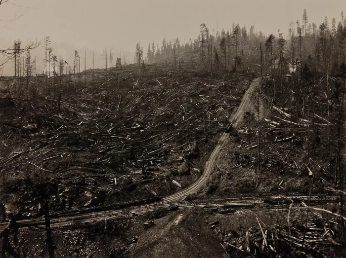 Framed Print : Railroad tracks run through clear cut with steep uphill grade in the Korbel area of Humboldt County, California, ca. 1900 (BSLOC_2020_1_51)