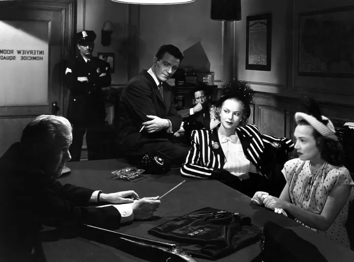 Framed Print : RAILROADED!, Charles D. Brown (behind desk), Hugh Beaumont, Jane Randolph, Peggy Converse, 1947