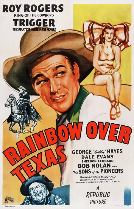 Framed Print : RAINBOW OVER TEXAS, US poster, from top: Dale Evans, Roy Rogers, Gabby Hayes, 1946