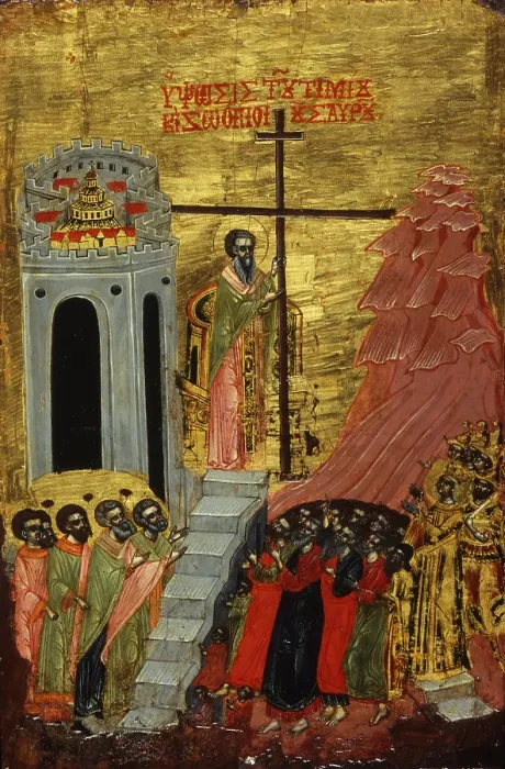 Framed Print : Raising of the Cross, attributed to Kostantin Jeromonaku, 17th century, tempera on wood - Albania, Tirana, Institute of Cultural Monuments. Whole artwork view. Icon