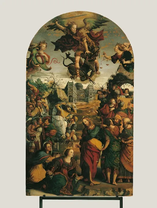 Framed Print : Raising of Lazarus and Fight between St Michael and the Devil, by Pompeo Morganti, 16th Century, - Italy, Marche, Pesaro-Urbino, Fano, Municipal Picture Gallery