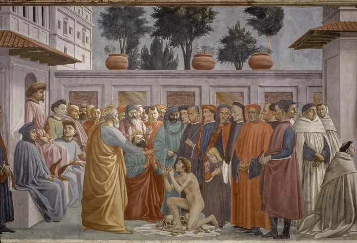 Framed Print : Raising of the Son of Theophilus and Saint Peter Enthroned (Resurrezione del figlio di Teofilo e San Pietro in cattedra), by Masaccio and Filippino Lippi, 1427-1485, 15th Century