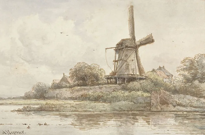 Framed Print : Mill on Ramparts, by Arnoldus Johannes Eymer, 1830-60, Dutch watercolor painting. Windmill built on city walls next to a canal (BSLOC_2016_2_23)