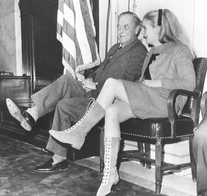 Framed Print : Randolph Churchill with his daughter Arabella at U.S. Senate hearing, Dec. 15, 1966. They heard African-American civil rights leader Dr