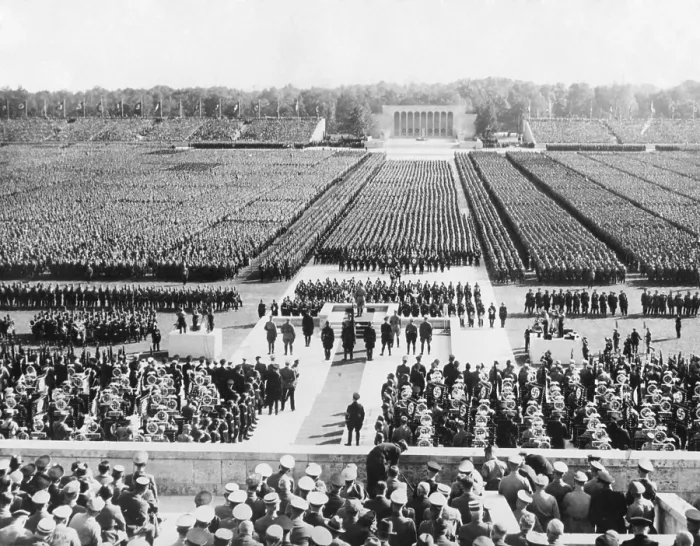 Framed Print : Ranks of the Nazi German army fill Zeppelin Field in Nuremberg. They are addressed by Hitler from a podium (center) during the Nazi Party Congress, Sept. 8, 1938